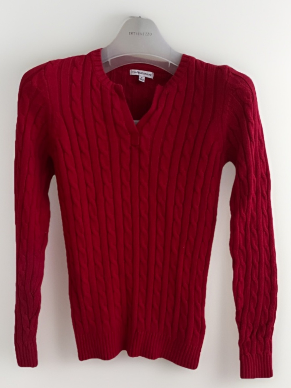 Croft & Barrow Red Cable Knit Sweater S Cotton Split Neck Henley Pullover GUC